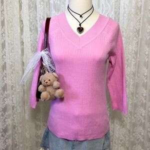Vintage Y2K Faded Glory Pink V-Neck Sweater Womens‎ Medium Preppy Pullover Knit
